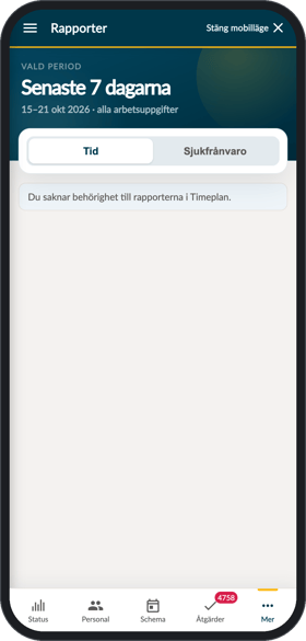 Chefsapp med meddelandet om att behörighet saknas i Timeplan
