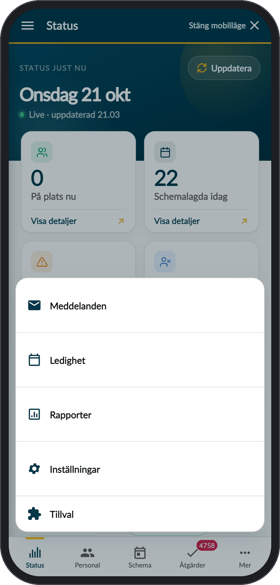 Chefsapp med menyn längst ned och Mer öppnad