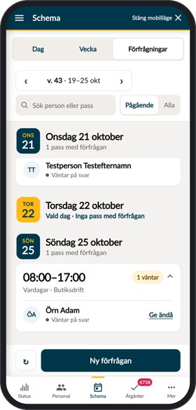 Förfrågningar i Chefsapp med pass, mottagare och deras svar