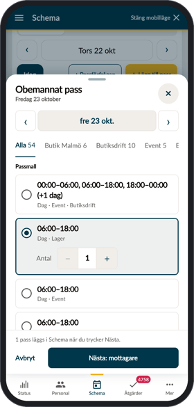 Rutan Obemannat pass i Chefsapp där du väljer passmall och antal pass