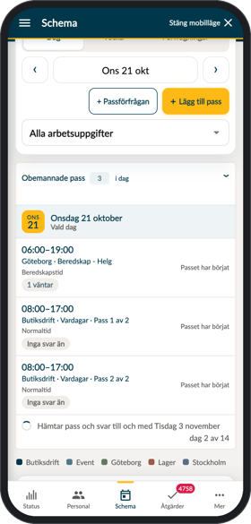 Panelen Obemannade pass under Schema i Chefsapp med pass och svar för de kommande dagarna