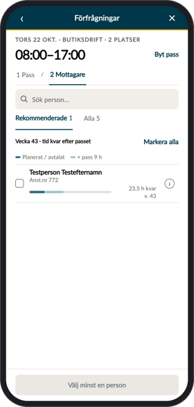 Steget Välj mottagare i Chefsapp med Tid kvar för varje medarbetare