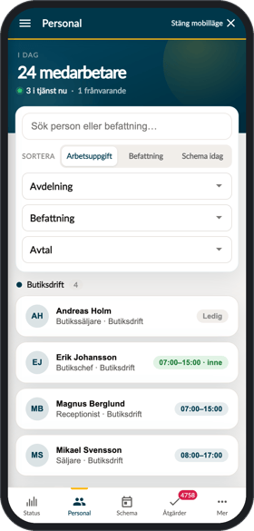 Personal i Chefsapp med sökfält, sortering och listan med medarbetare