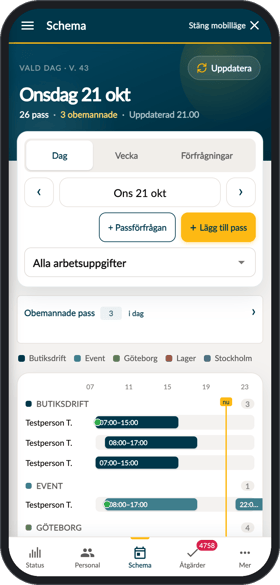Schema i Chefsapp i dagvyn med pass per arbetsuppgift