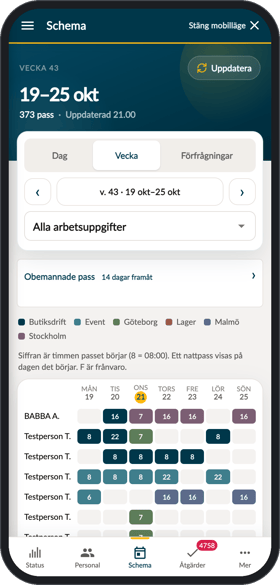 Schema i Chefsapp i veckovyn med starttimmar per dag