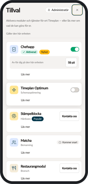 Kortet Chefsapp under Tillval med texten Av för dig på den här enheten och knappen Slå på