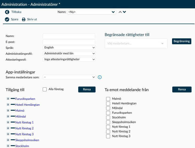 Sidan Administratörer med grunduppgifter, personbegränsning, App-inställningar och företagsurval för ett nytt, osparat konto.