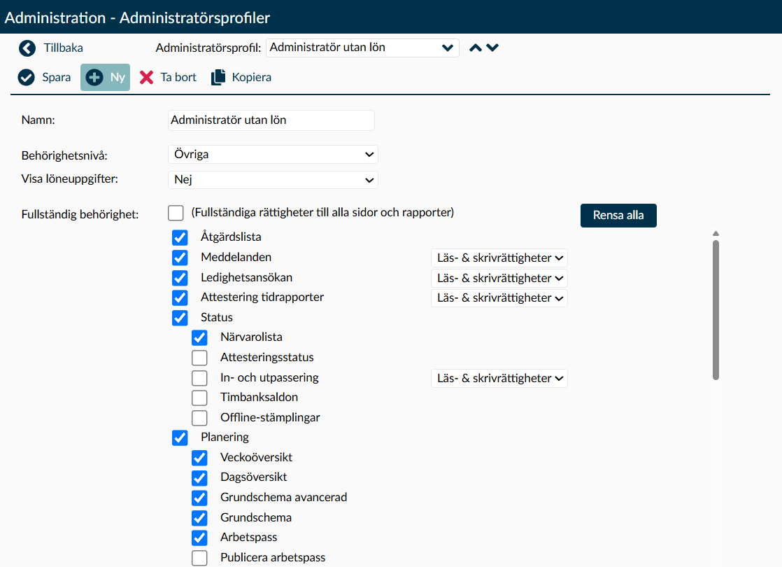 Inställningarna och rättighetsträdet för en administratörsprofil.