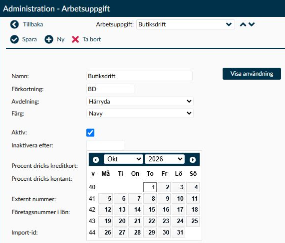 Dialogruta: Datumväljaren för Inaktivera efter på sidan Arbetsuppgift.