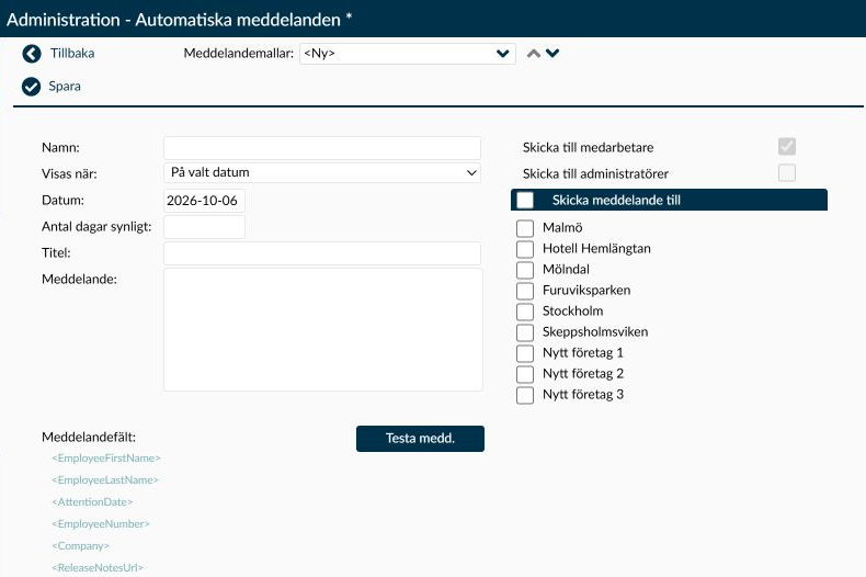 Detaljsidan Automatiska meddelanden med meddelandetext, händelse och mottagarurval