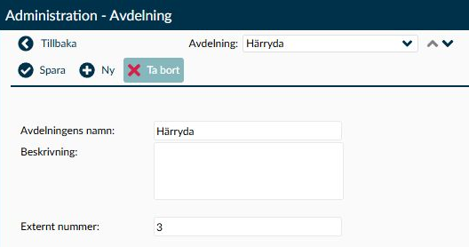 Detaljvyn för en avdelning med Avdelningens namn, Beskrivning och Externt nummer.