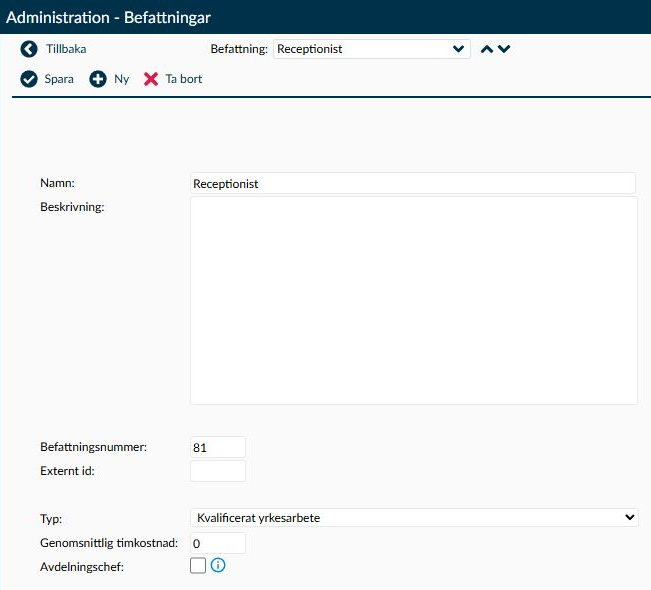 Detaljsidan för befattningen Receptionist.