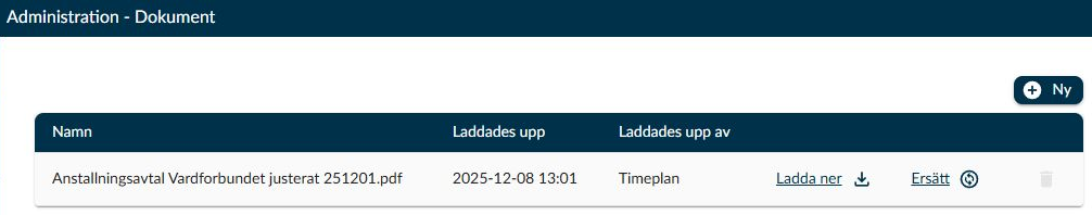 Sidan Dokument med en uppladdad PDF-mall och de tillgängliga åtgärderna.