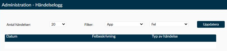 Sidan Händelselogg med antal händelser, filter och resultatlista.