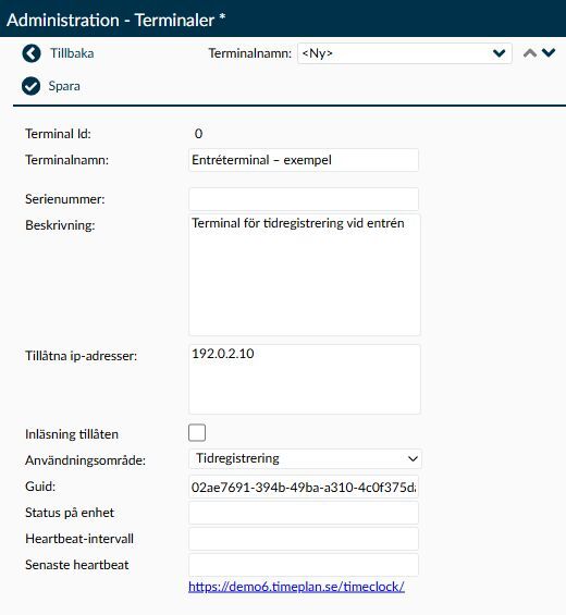 Formuläret för en ny terminal med namn, beskrivning, nätverksadresser och användningsområde.