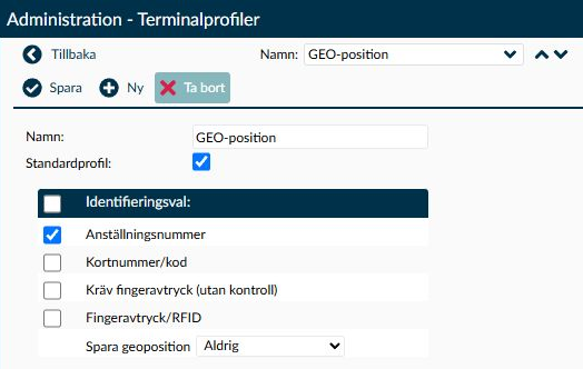 Sidan Terminalprofiler med fälten Namn, Standardprofil, Identifieringsval och Spara geoposition.