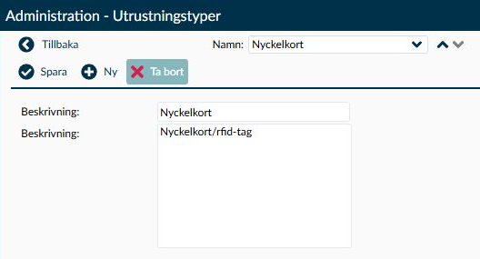 Detaljvyn för utrustningstypen Nyckelkort med de två fälten Beskrivning.