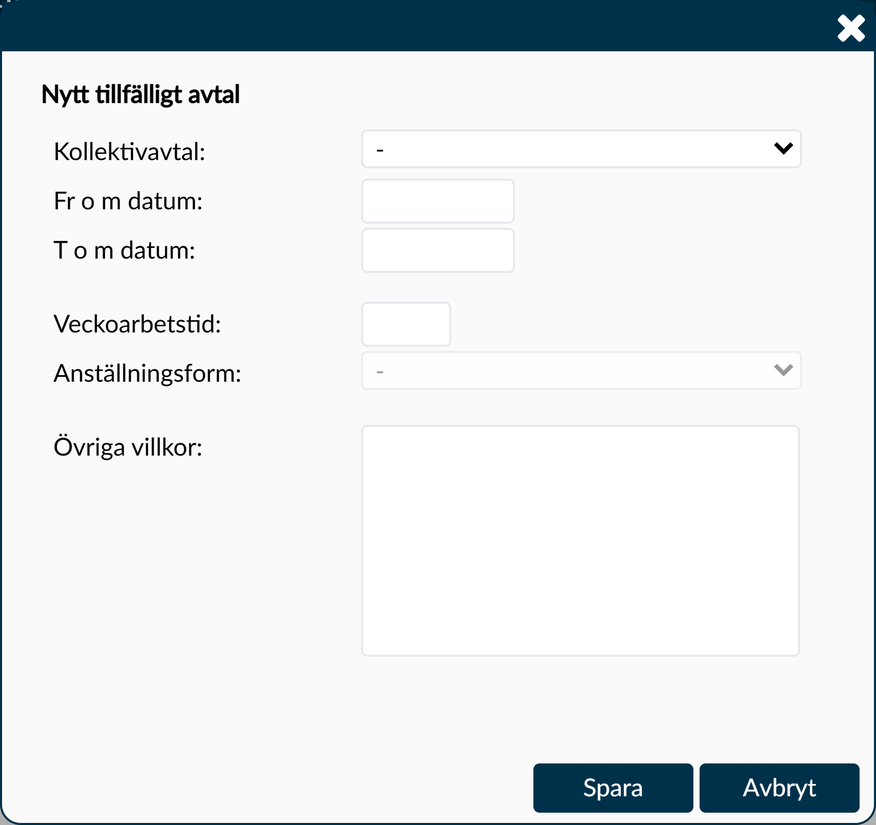 Dialogruta: Nytt tillfälligt avtal med kollektivavtal, datum, veckoarbetstid, anställningsform och övriga villkor.