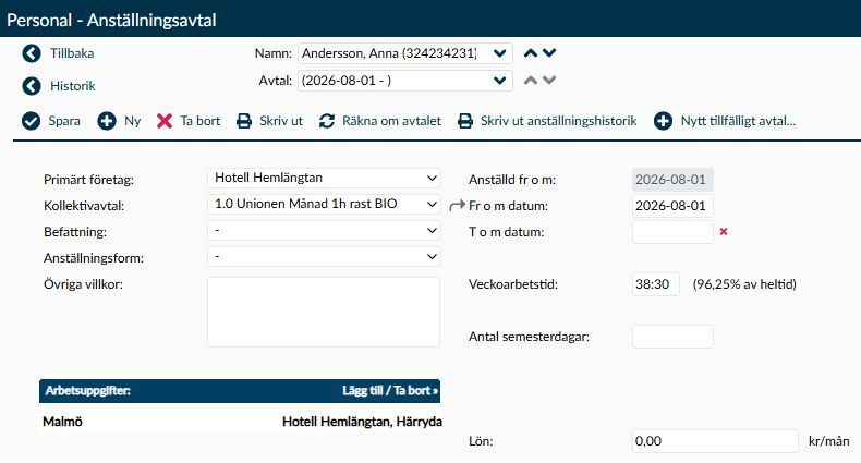 Sida: Anställningsavtal med avtalsväljare, fälten Fr o m datum och T o m datum samt medarbetarens arbetsuppgifter.