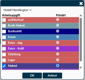Dialogruta: Välj arbetsuppgifter och primär arbetsuppgift för ett företag
