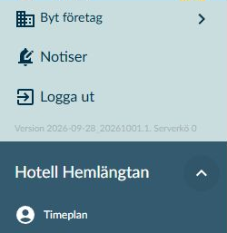 Den öppna kontomenyn med företagsnamn, notiser och utloggning.