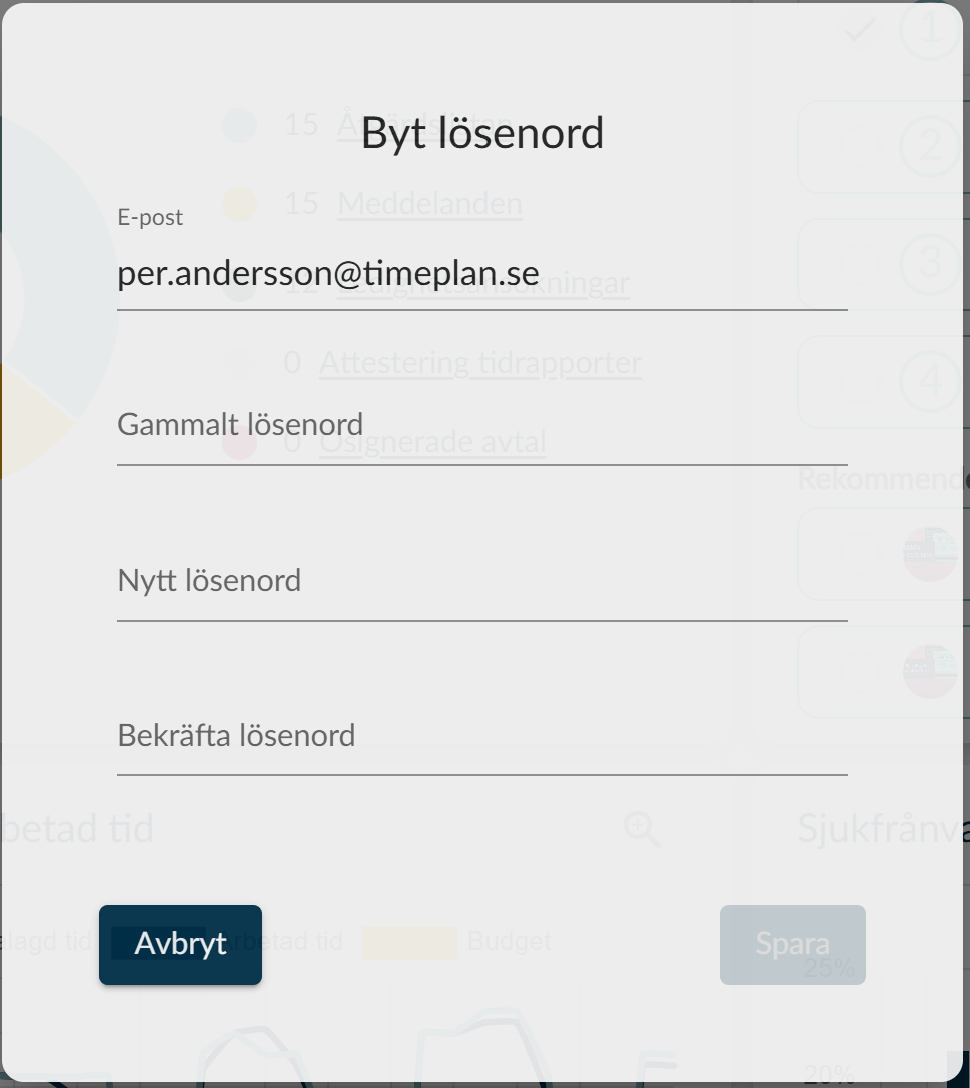 Dialogruta: Byt lösenord med fälten Gammalt lösenord, Nytt lösenord och Bekräfta lösenord samt valen Avbryt och Spara.