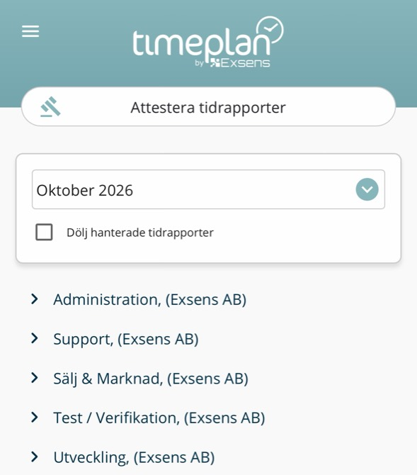 Sidan Attestera tidrapporter i appen med periodval, filtret Dölj hanterade tidrapporter och arbetsuppgiftsgrupper.