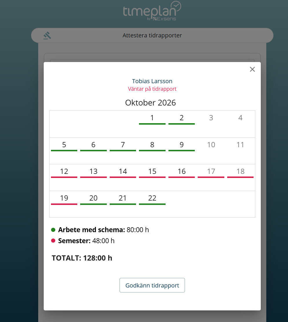 Dialogruta: Öppnad tidrapport i appen med kalender, rapportstatus, summerade timmar och Godkänn tidrapport.
