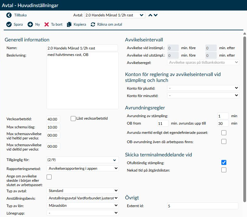 Huvudinställningar för ett avtal med namn, företag, arbetstid och rapporteringsmetod