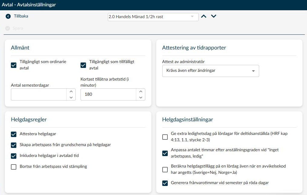 Sidan Avtalsinställningar med tillgänglighet, attestering, helgdagar och avtalsval