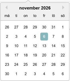 Dialogruta: Datumkalender med månad, veckodagar och markerat datum.