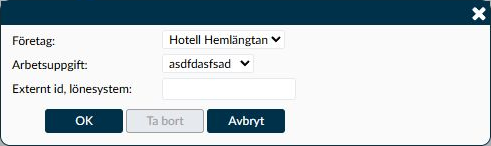 Dialogruta: Företag, arbetsuppgift och externt id för en kontokoppling.