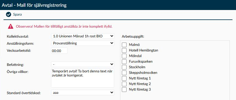 Sidan Mall för självregistrering med avtalsuppgifter, arbetsuppgifter och knappen Spara.