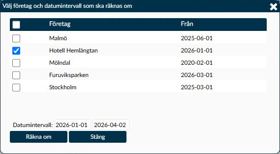 Dialogruta: Företag och datumintervall för omräkning från ett öppnat avtals huvudinställningar.