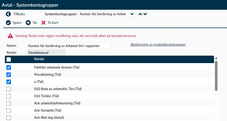 Detaljsidan Systemkontogrupper med gruppnamn, hjälptext och markerade konton.
