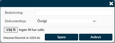 Dialogruta: Lägg till ett dokument med beskrivning, dokumenttyp och filval.