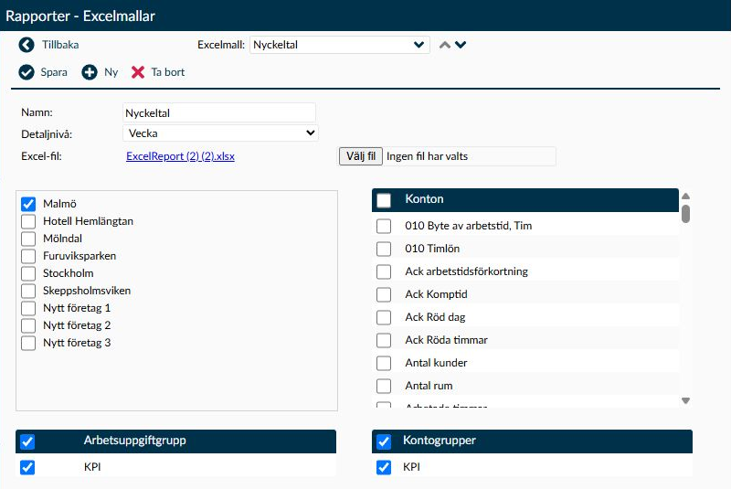 Detaljsidan Excelmallar med namn, detaljnivå, Excel-fil och urval av företag, arbetsuppgiftsgrupper, konton och kontogrupper.