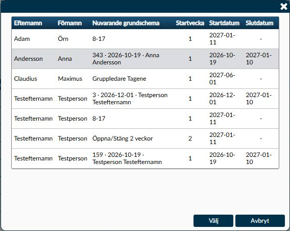 Dialogruta: Medarbetarval för grundschema med nuvarande schema och schemaperiod.