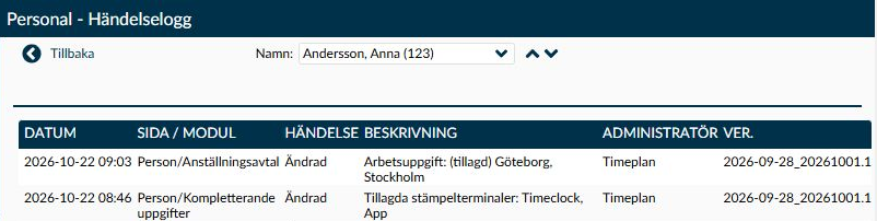 Händelseloggen med datum, sida, händelse, beskrivning, administratör och version.