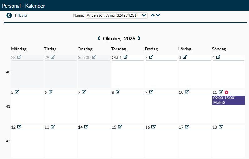 Medarbetarens kalender med datum och arbetspass som ska jämföras med semestern.