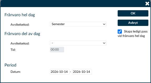 Dialogruta: Kalenderns frånvaroval med Semester under Frånvaro hel dag, datumintervall samt OK och Avbryt.