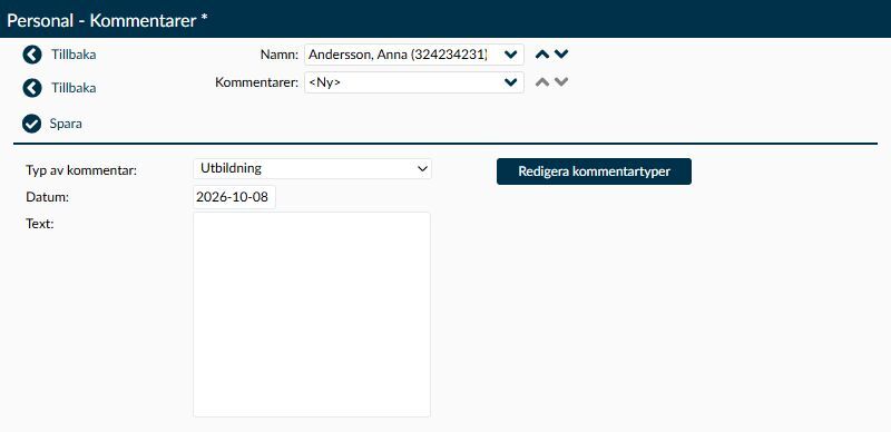 Detaljvyn på sidan Kommentarer med kommentarstyp, datum, textfält och knappen Redigera kommentartyper.