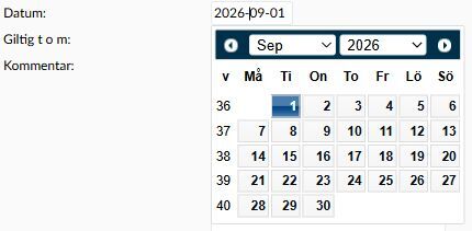 Dialogruta: Kalendern för fältet Datum på sidan Kompetens/Utbildning.