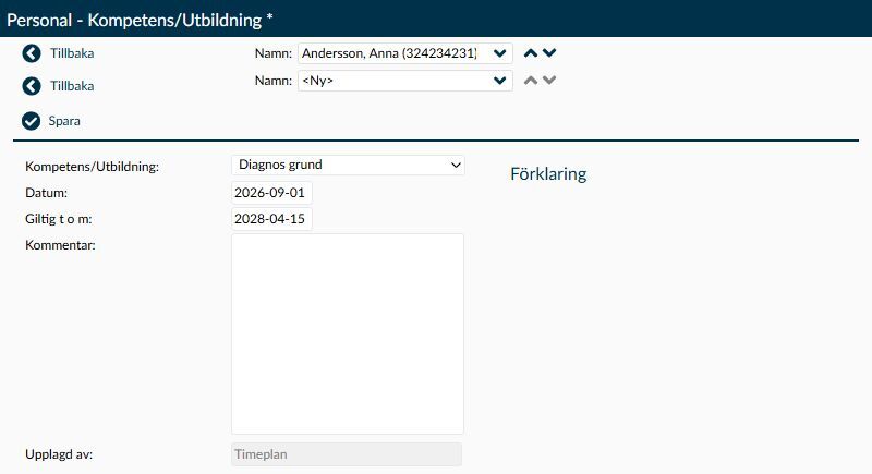 Detaljsidan för en ny kompetensregistrering för Anna Andersson.