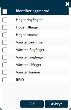 Dialogruta: Välj identifieringsmetoder för medarbetaren med kryssrutor samt OK och Avbryt.