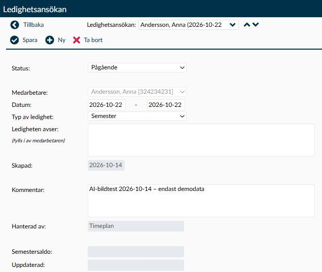 Sidan Ledighetsansökningar visar period och status för det ärende som ska granskas.