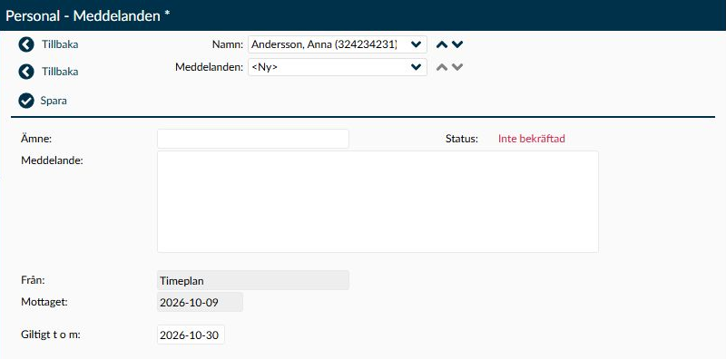 Detaljvyn på sidan Meddelanden med ämne, meddelandetext, avsändare, mottagetdatum, giltighetsdatum och status.