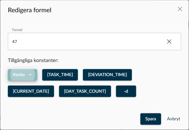 Dialogen Redigera formel med inmatningsfält och valbara konton och systemvärden.