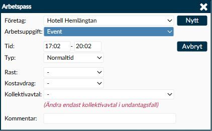 Dialogruta: Arbetspass för ett nytt intervall med knappen Nytt.