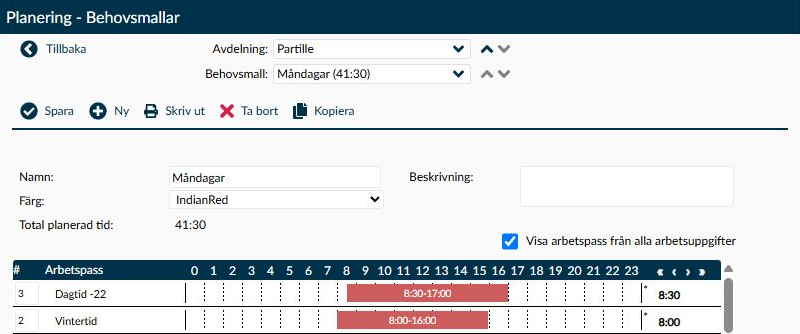 Detaljvyn för behovsmallen Måndagar med avdelningsvalet Partille, arbetspass, antal och tidslinjer.